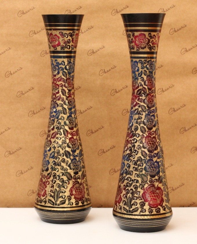 Elegant Multi Color Hand Carved Brass Vase Pair – Ghauris